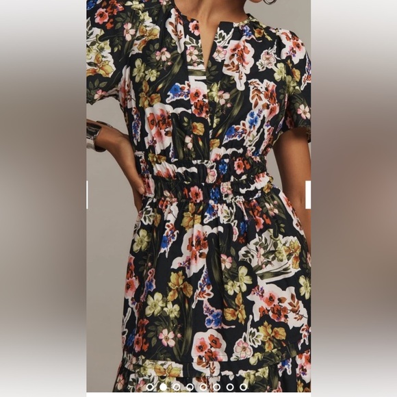 Anthropologie The Somerset Maxi Dress Tiered Smocked DarkGray Pink Purple Motif - Picture 2 of 7